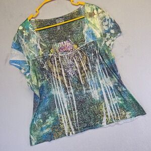 Fairy Top Womens 1X Green Y2K Fairy Grunge Rhinestone Burnout Tattoo Whimsigoth‎